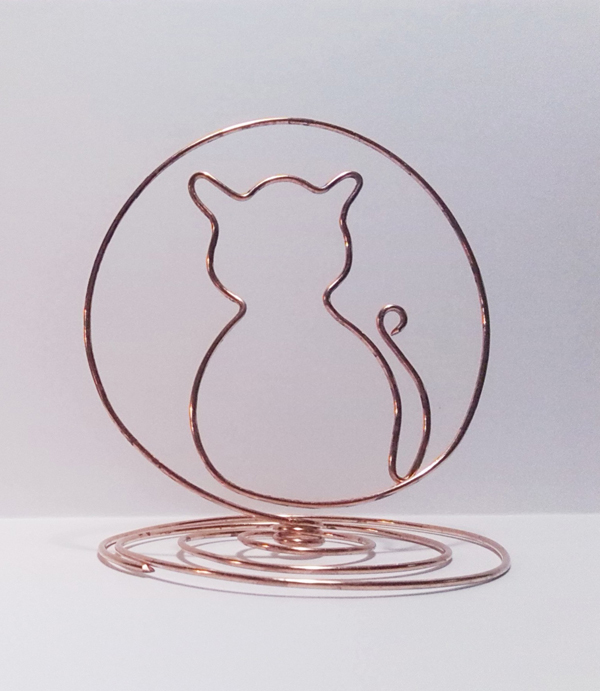 portafoto in filo di rame a forma di gatto, su base a spirale